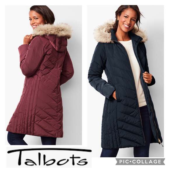 TALBOTS Down Puffer Coat in navy with fur trimmed hood size medium - Picture 1 of 12
